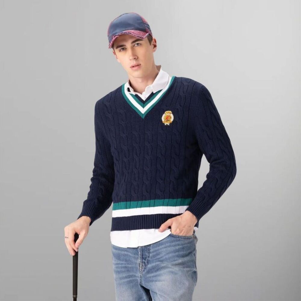 Men's Cable Knit Cricket Sweater - Navy - Small